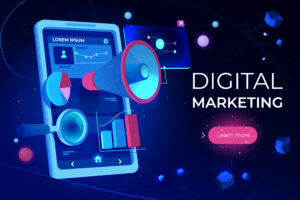 "Colorful digital marketing illustration featuring a smartphone displaying analytics dashboards, a megaphone symbolizing online promotion, charts, graphs, and data visualization elements. The design uses vibrant blue, purple, and pink neon colors on a dark futuristic background with the text 'Digital Marketing' displayed prominently."