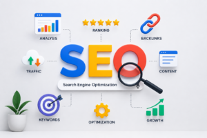 What is SEO and Why is it Important? Illustration showing search engine optimization, keyword research, backlinks, content optimization, website traffic, rankings, and business growth.